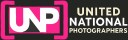 UNP logo featuring bold pink frame, white UNP initials and the words United National Photographers in cream and white on a dark charcoal background.